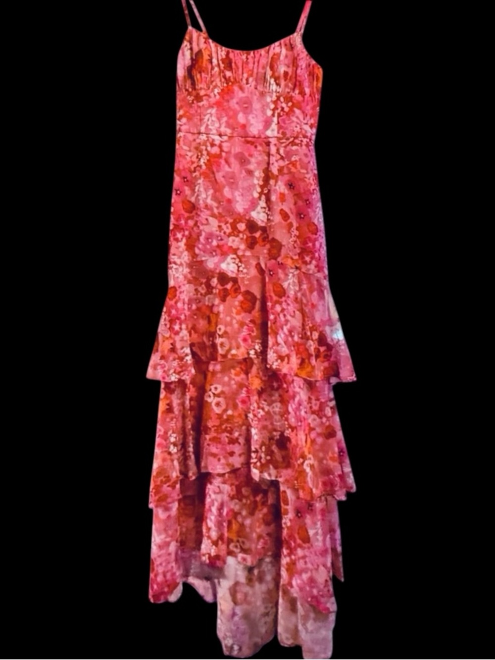 Hutch Anthropologie Pink Red Orange Floral Tiered Ruffle Maxi Dress NWOT